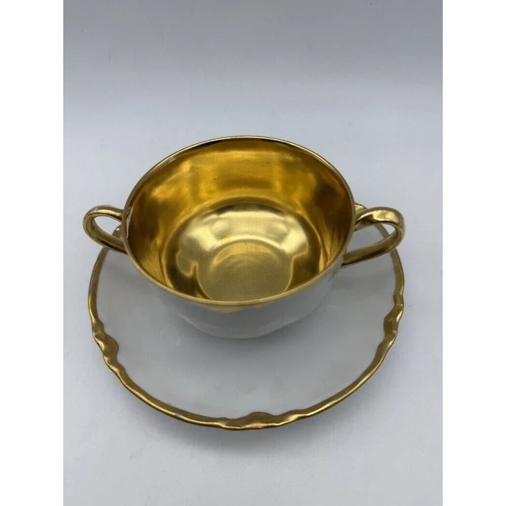 4 Antique Haviland France Limoges Gold Gilt Ranson Bouillon Cups & Saucers